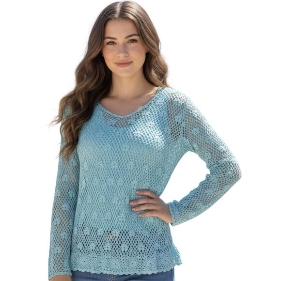 Croft & Barrow Sweater Womens Medium Aqua Blue Crochet Knit Lined V-Neck Ramie - Picture 1 of 11